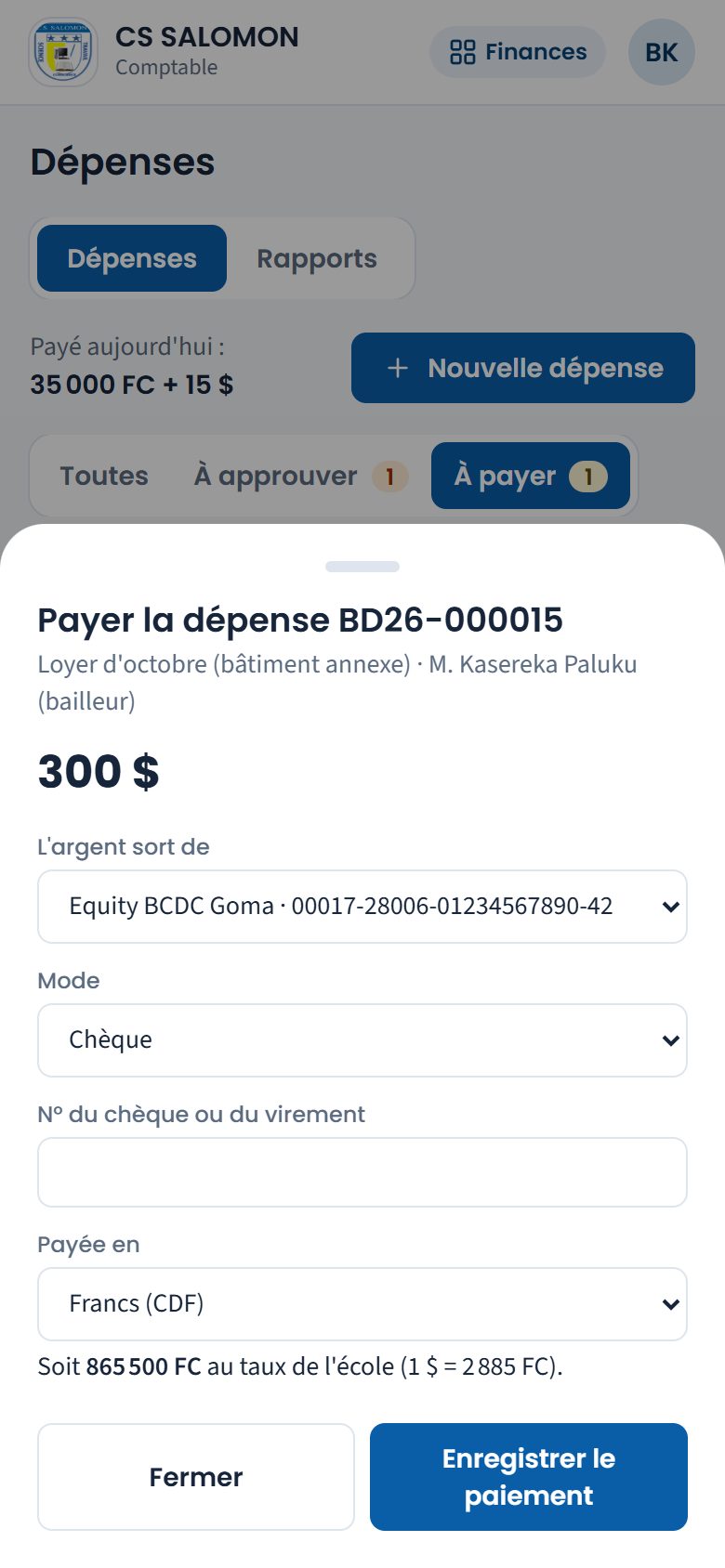 Paiement du loyer d'octobre en francs (téléphone)