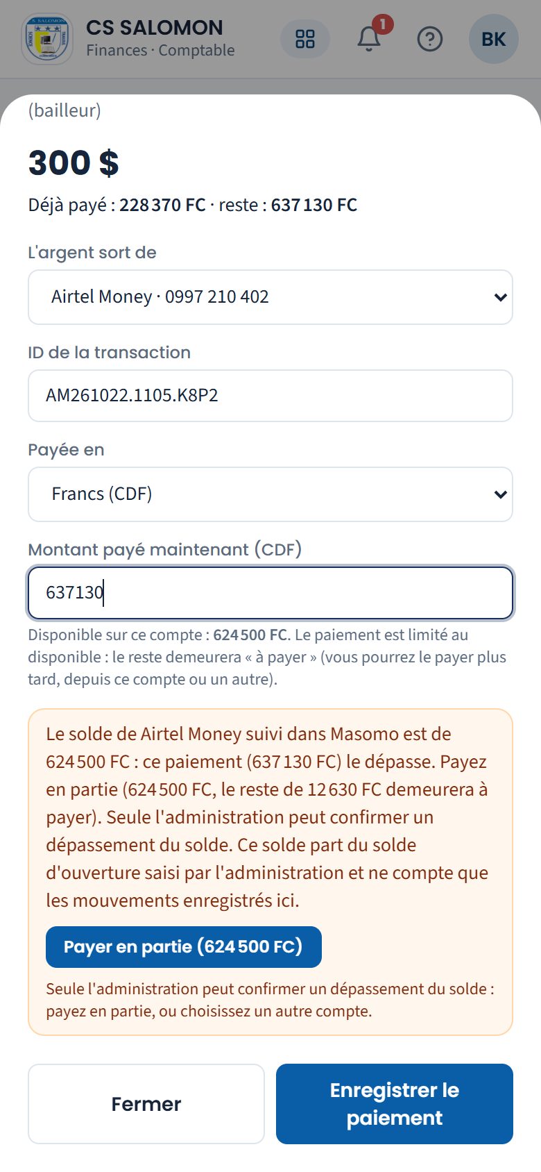 Avertissement de solde insuffisant (téléphone)