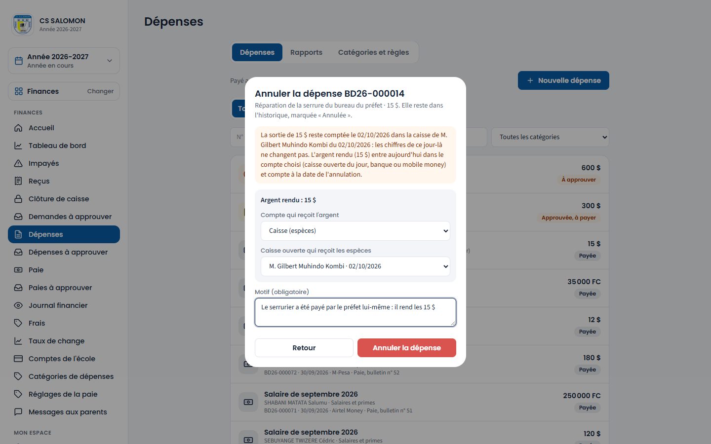 Annulation d'une dépense payée en espèces (ordinateur)