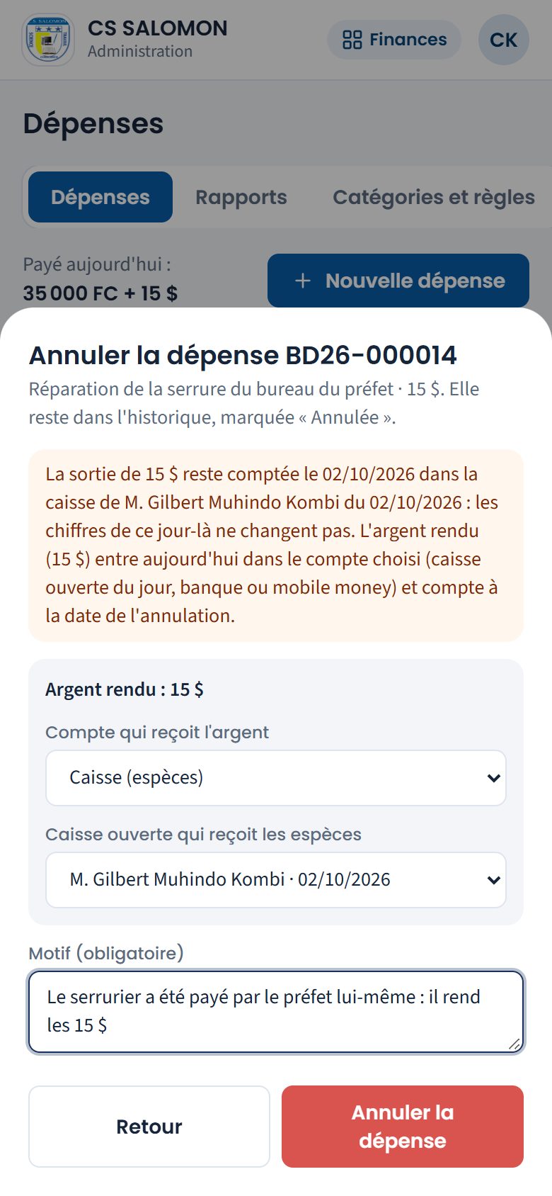 Annulation d'une dépense payée en espèces (téléphone)