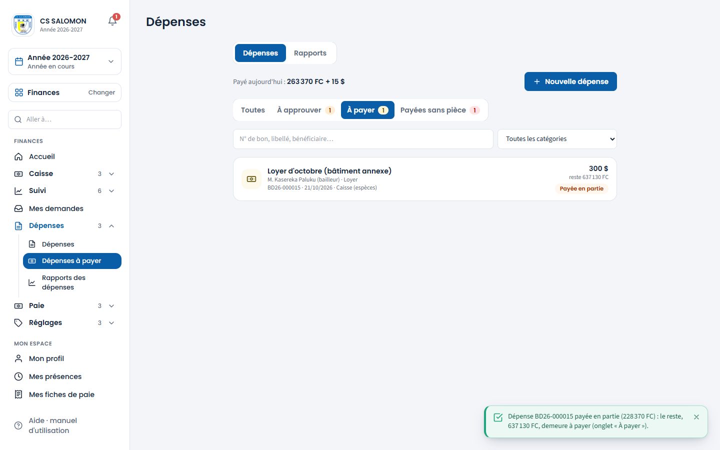 Dépense payée en partie (ordinateur)