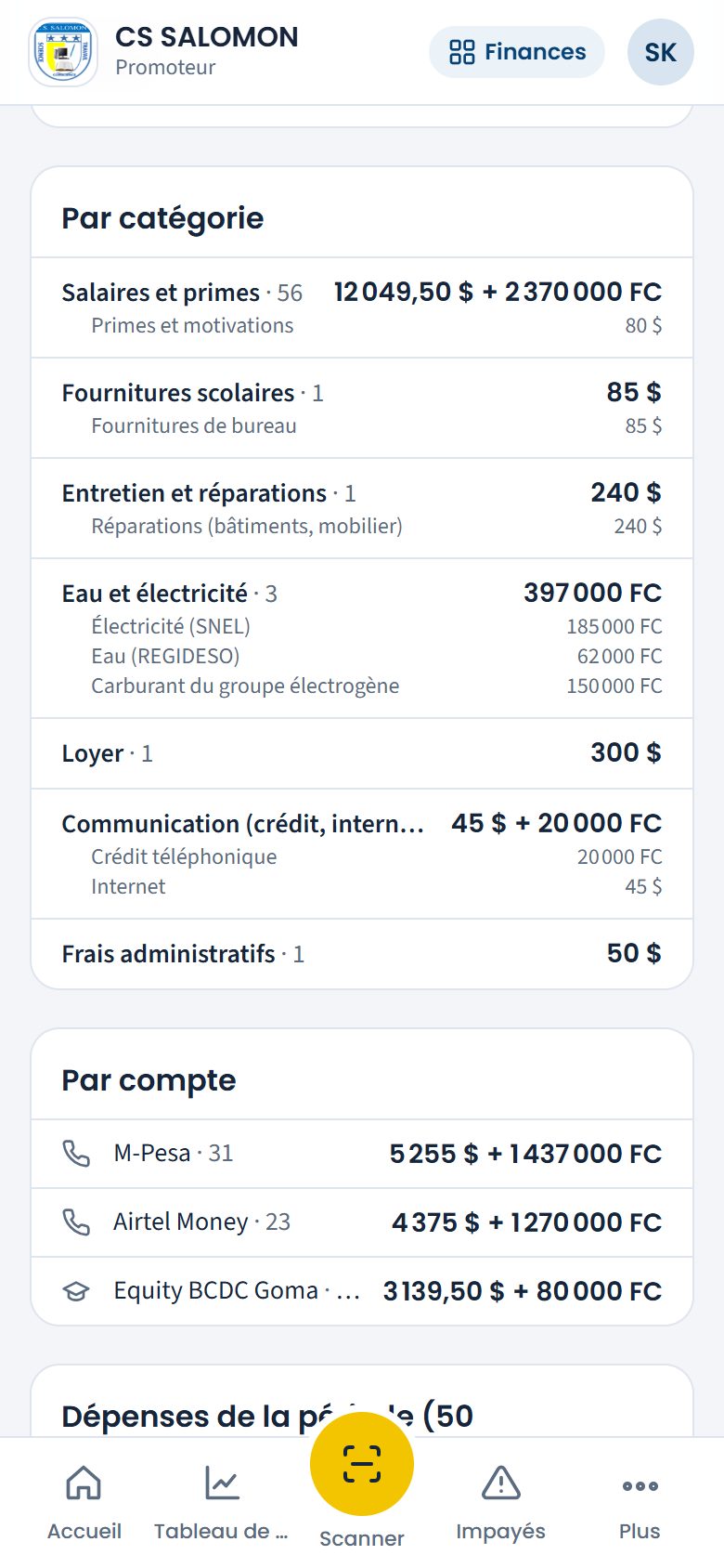 Dépenses par catégorie et par compte (téléphone)