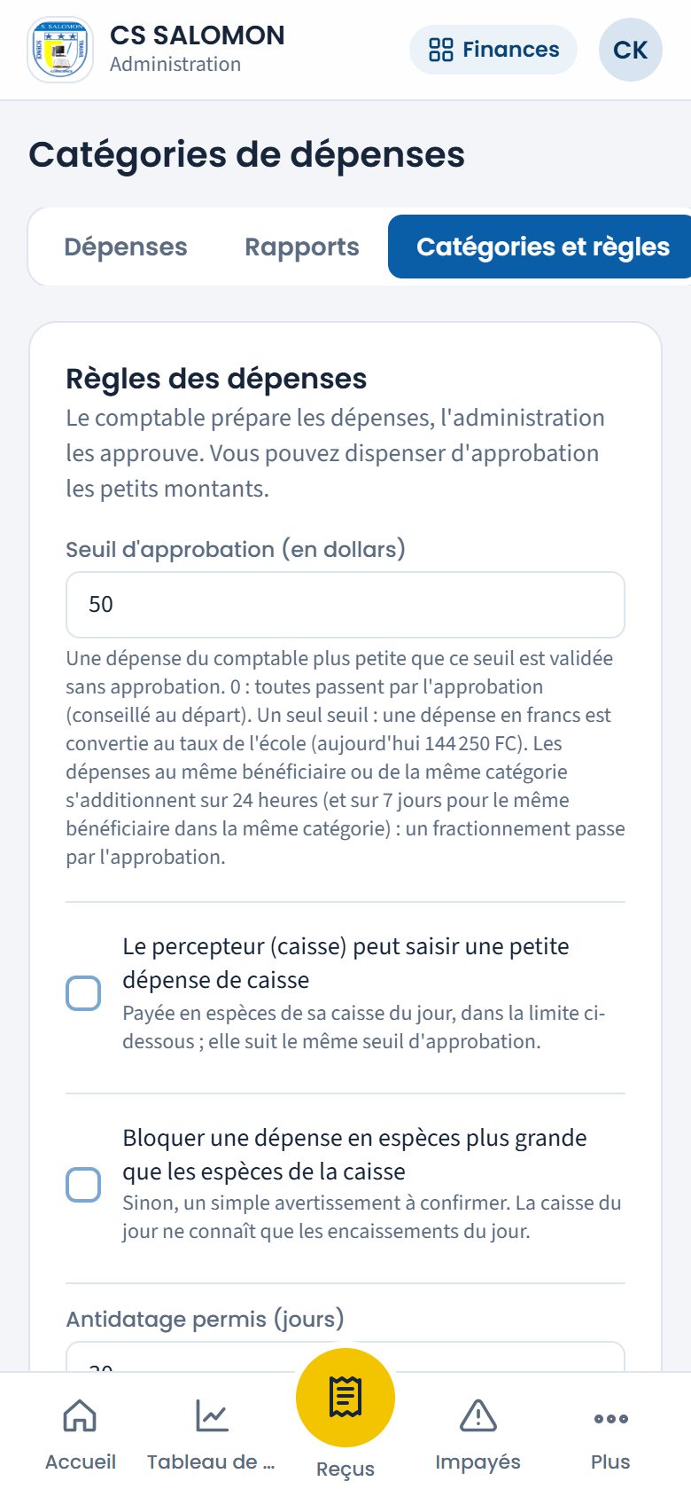 Règles des dépenses (téléphone)