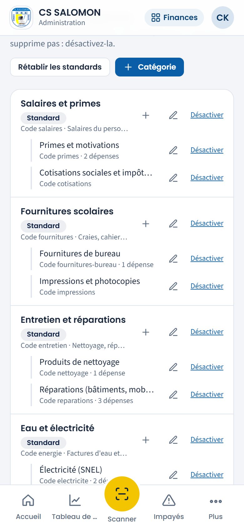 Liste des catégories de dépenses (téléphone)