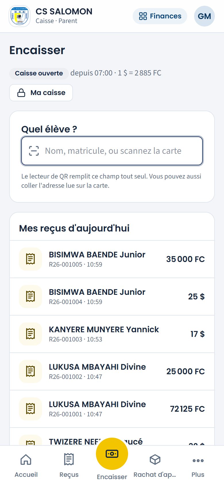 Écran Encaisser à l'ouverture (téléphone)