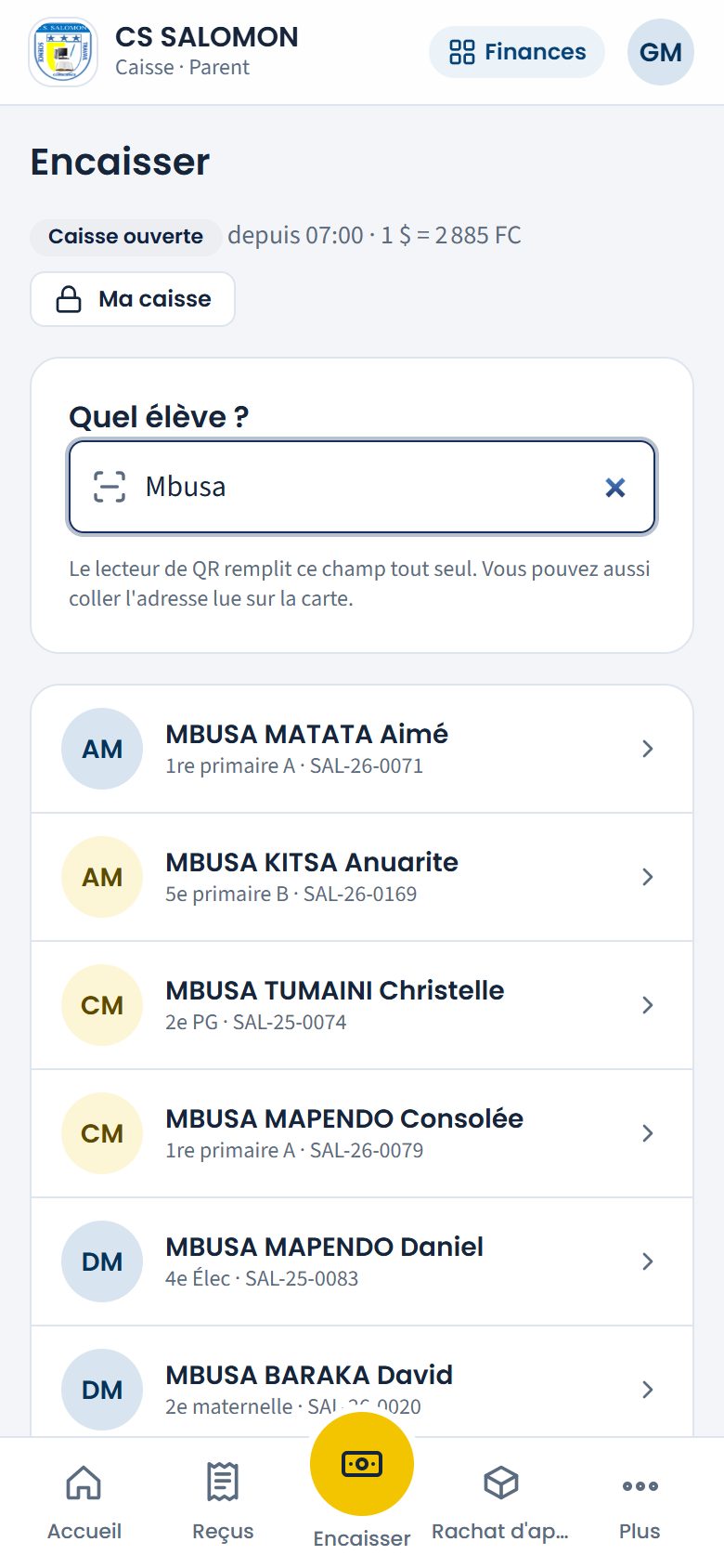 Recherche d'un élève à la caisse (téléphone)