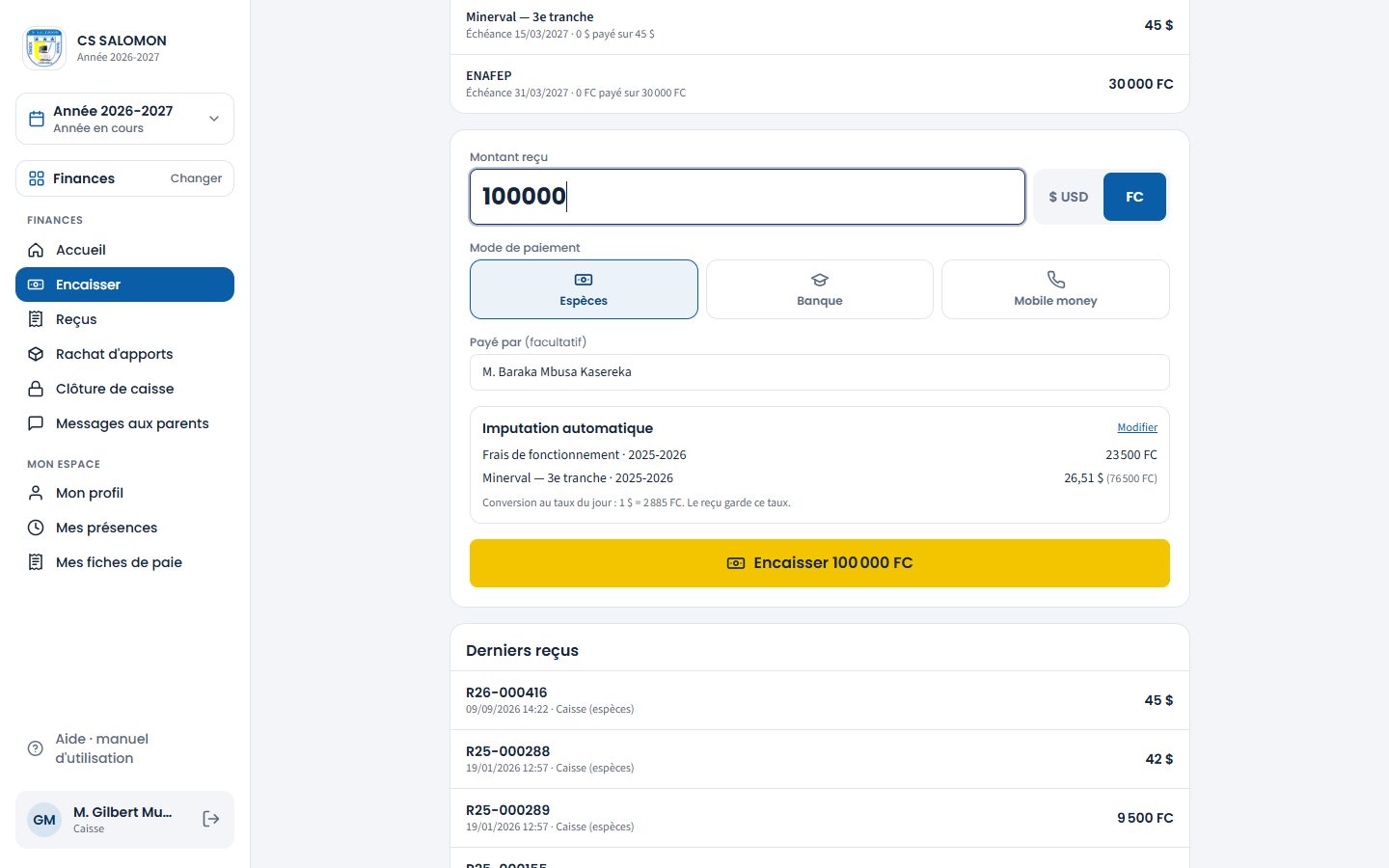 Paiement de 100 000 FC et son imputation (ordinateur)