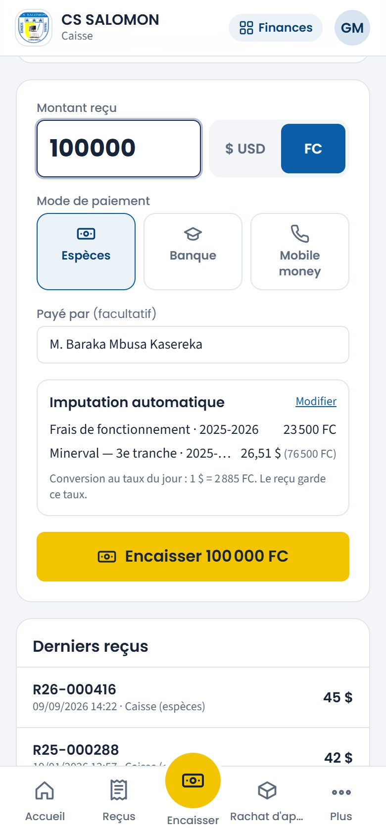 Paiement de 100 000 FC et son imputation (téléphone)