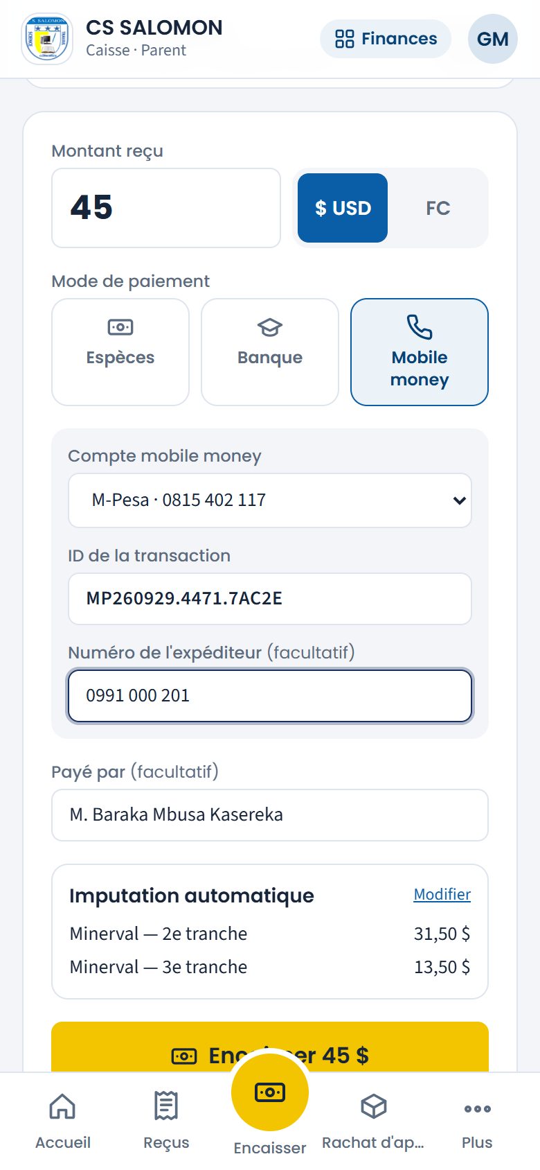 Paiement par mobile money avec l'ID de la transaction (téléphone)