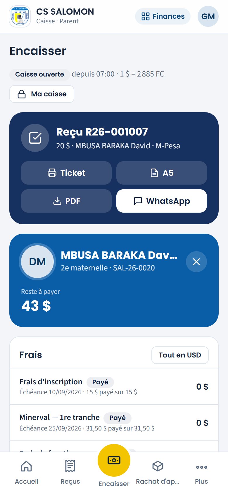 Reçu émis après l'encaissement (téléphone)