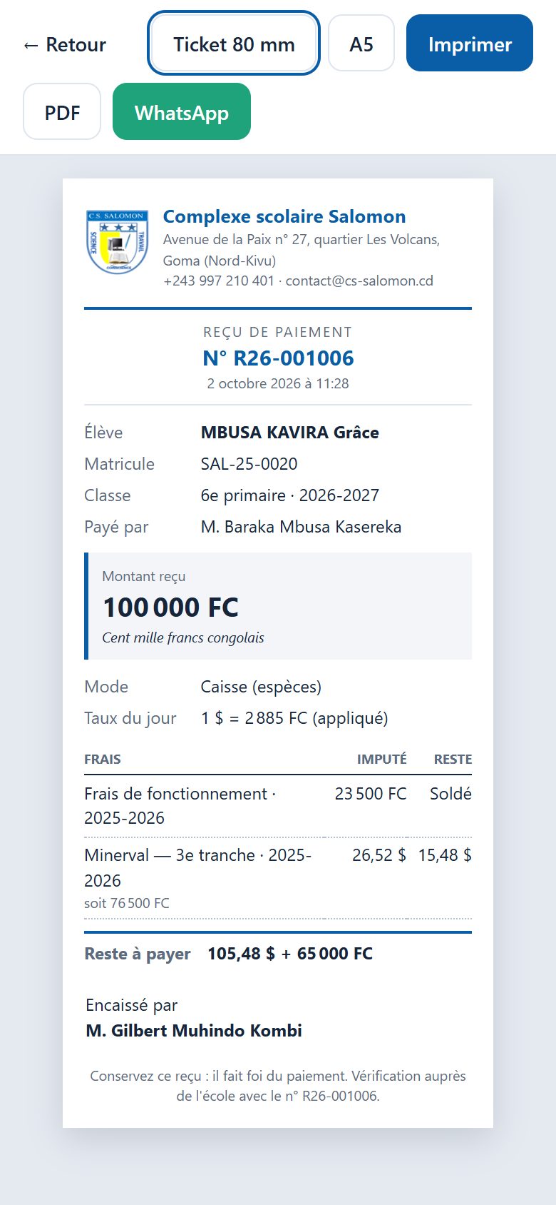 Reçu au format ticket (téléphone)