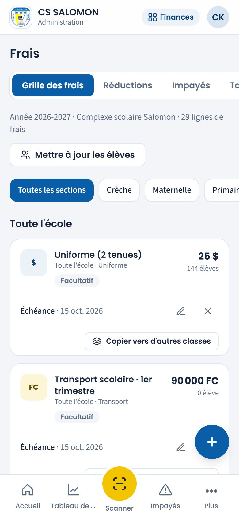 Grille des frais de l'école (téléphone)