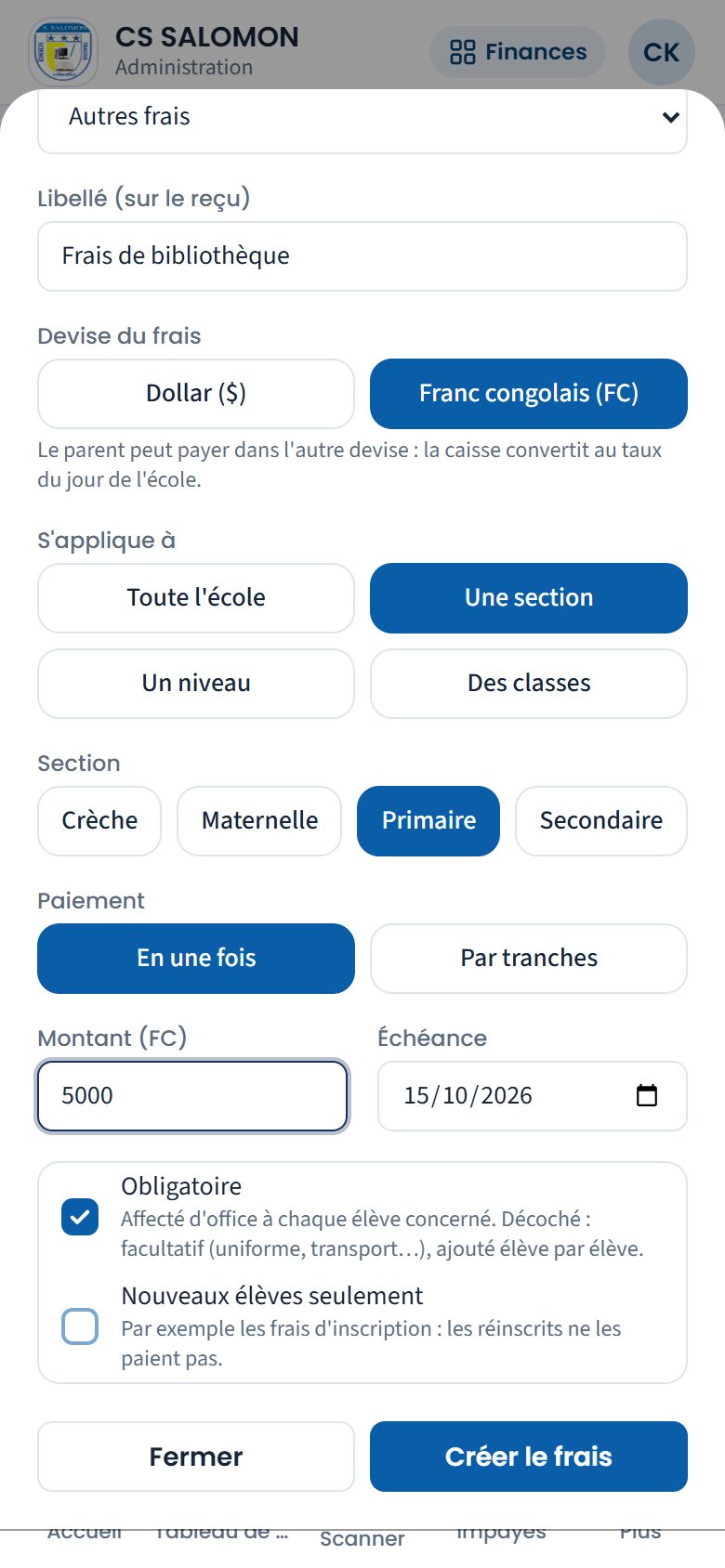 Création d'un frais en francs pour le primaire (téléphone)