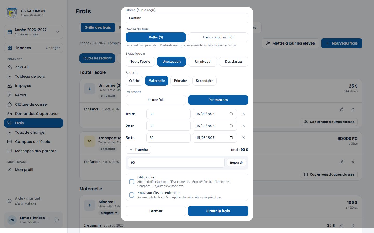 Frais de cantine en trois tranches (ordinateur)