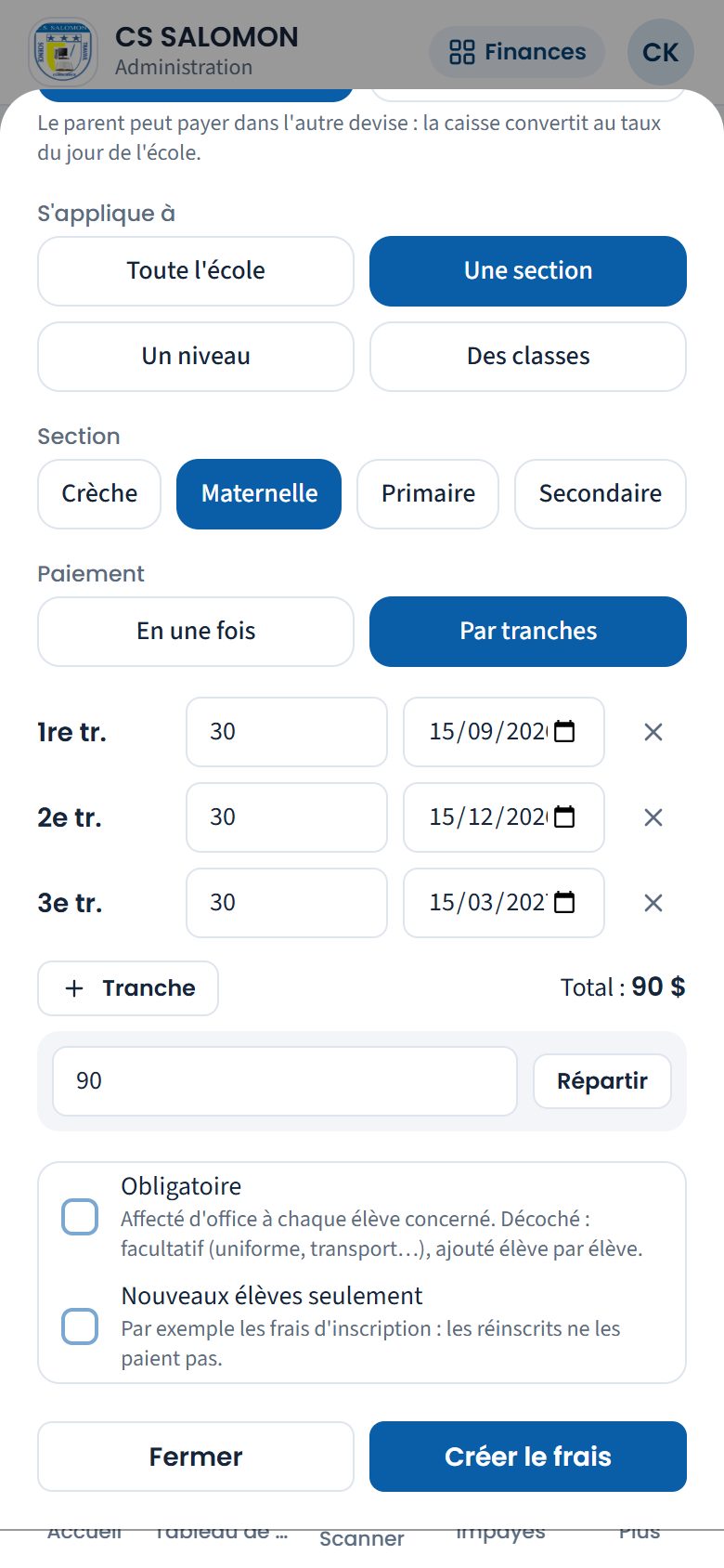 Frais de cantine en trois tranches (téléphone)