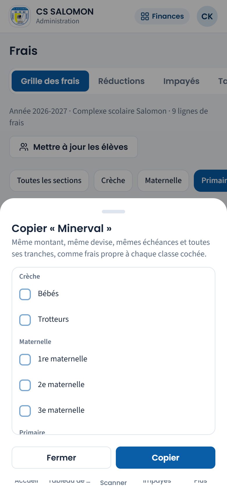 Copie d'un frais vers d'autres classes (téléphone)