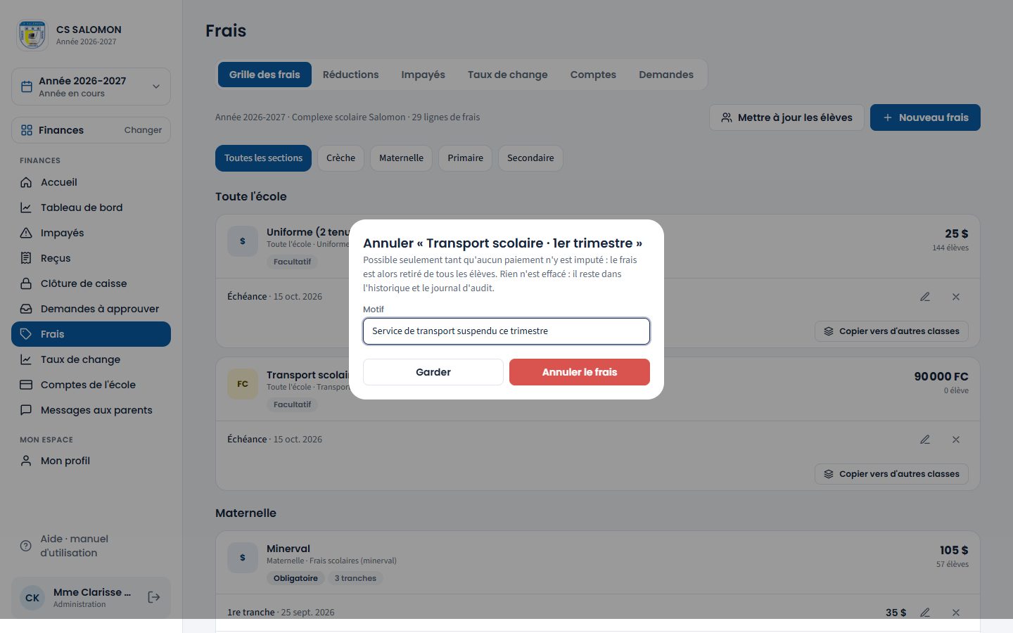 Annulation d'un frais avec son motif (ordinateur)