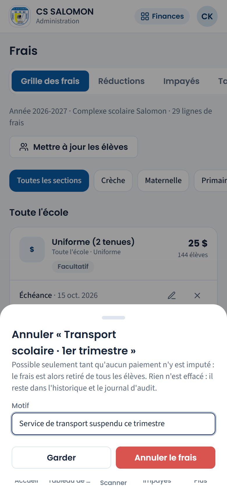 Annulation d'un frais avec son motif (téléphone)