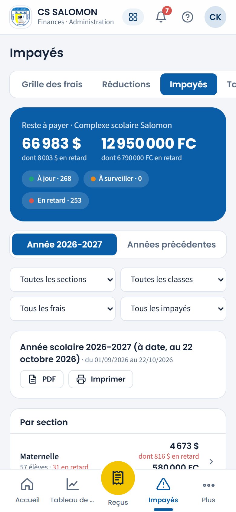 Liste des impayés de l'école (téléphone)