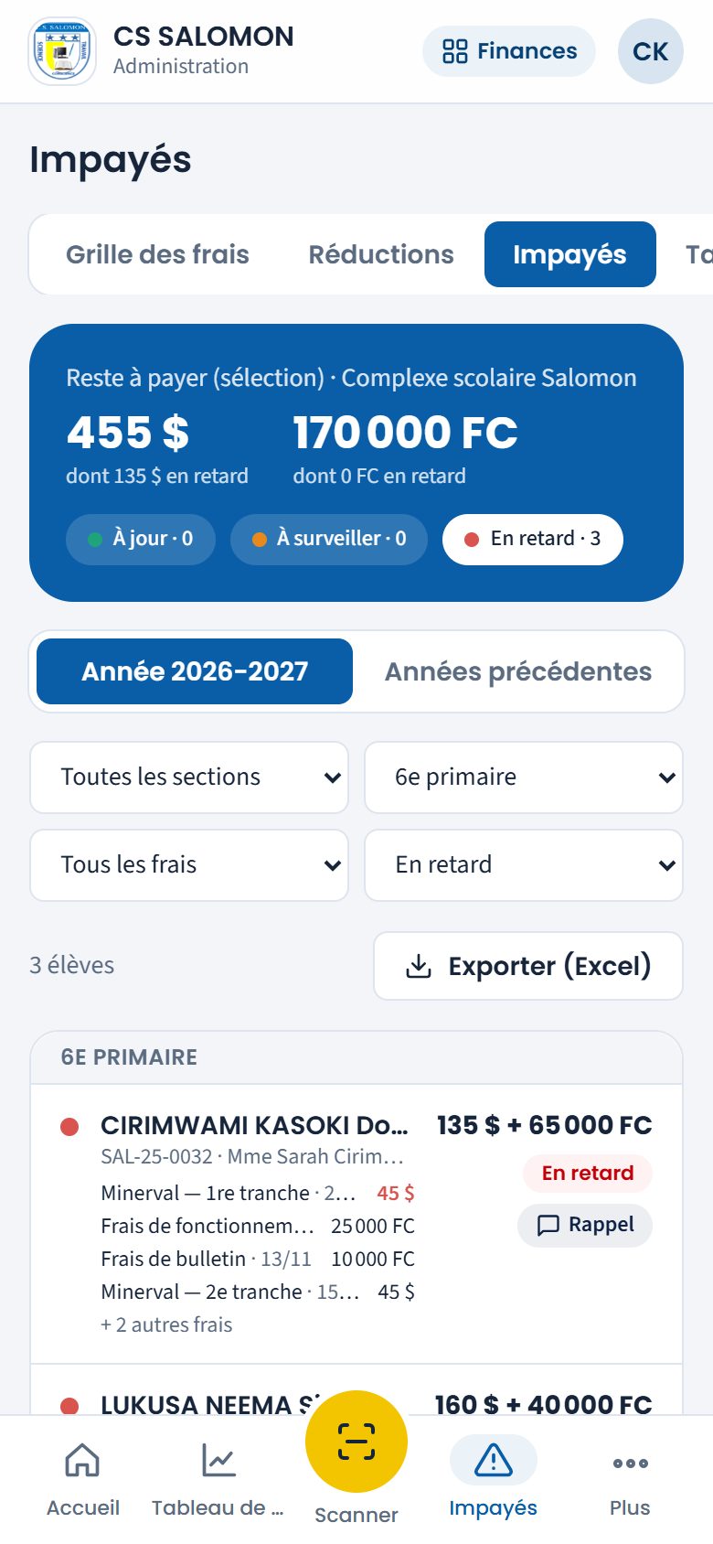 Élèves en retard de la 6e primaire (téléphone)