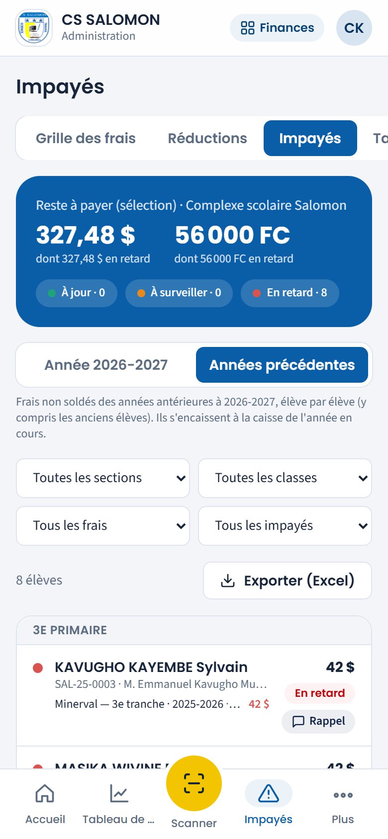 Arriérés des années précédentes (téléphone)