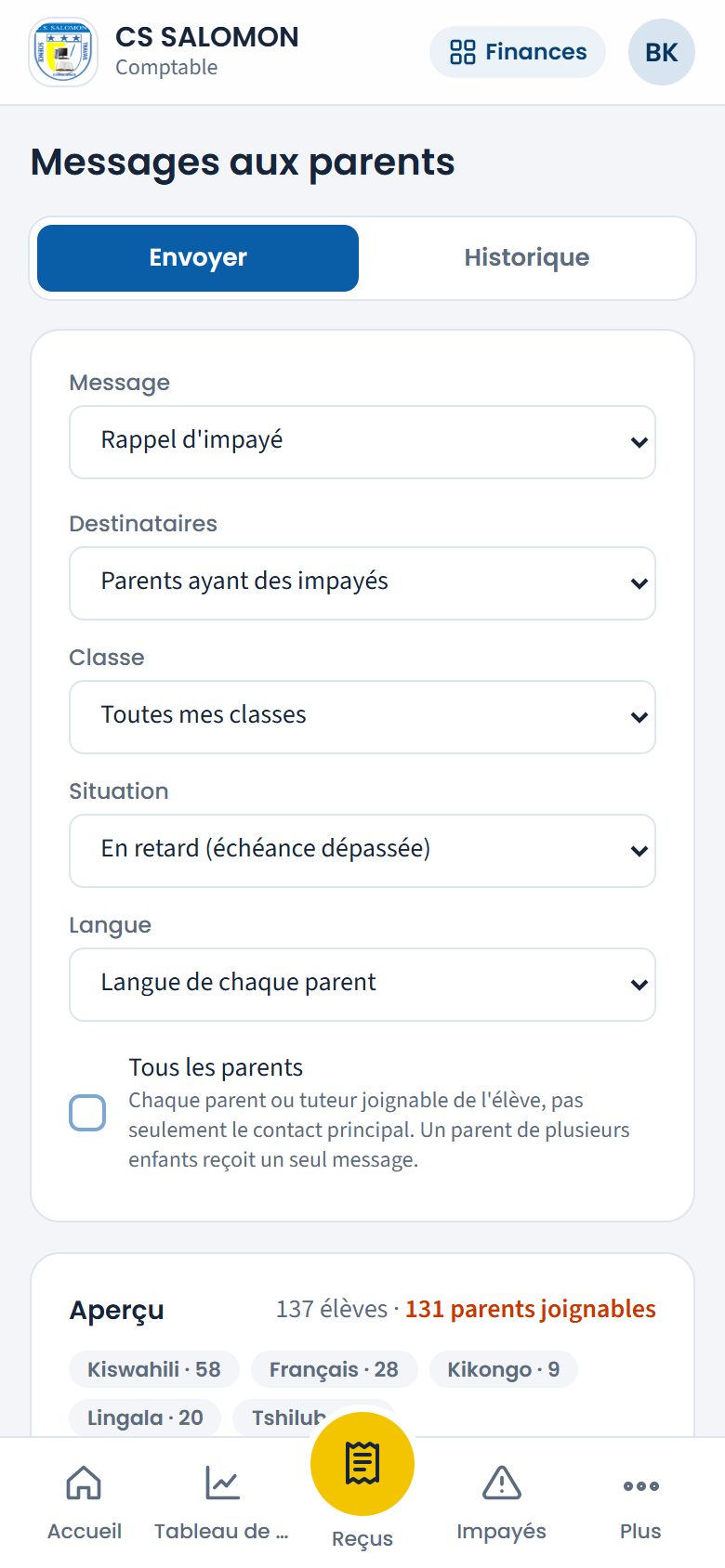 Rappels d'impayés préparés par le comptable (téléphone)