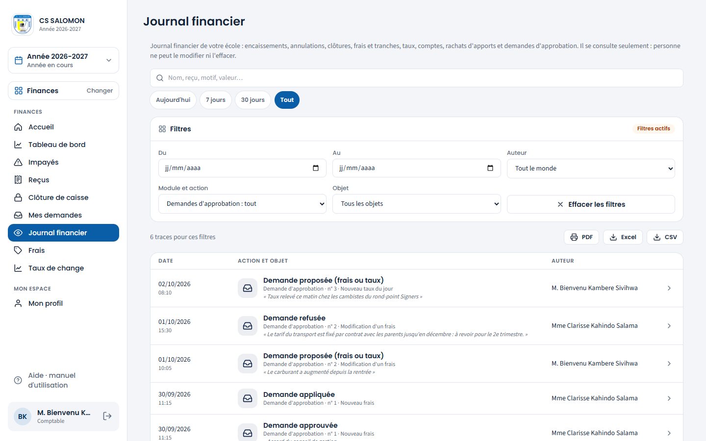 Journal financier filtré sur les demandes (ordinateur)