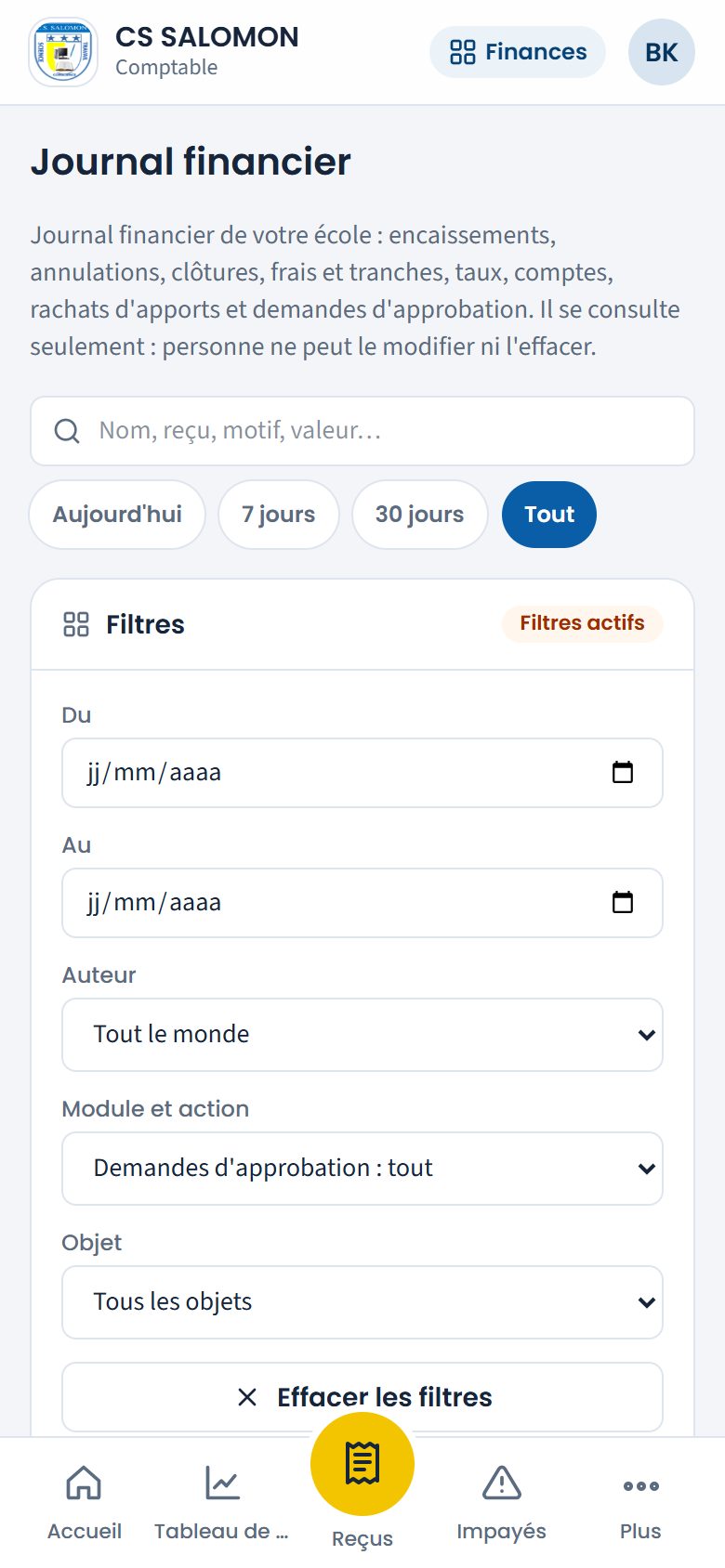 Journal financier filtré sur les demandes (téléphone)