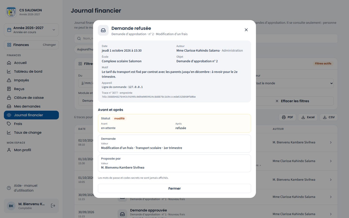 Détail d'une trace du journal financier (ordinateur)
