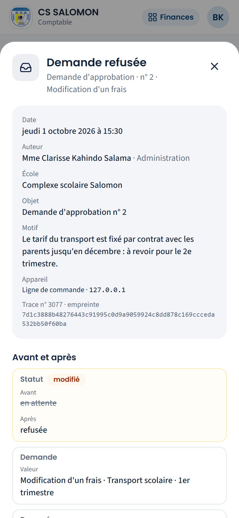 Détail d'une trace du journal financier (téléphone)