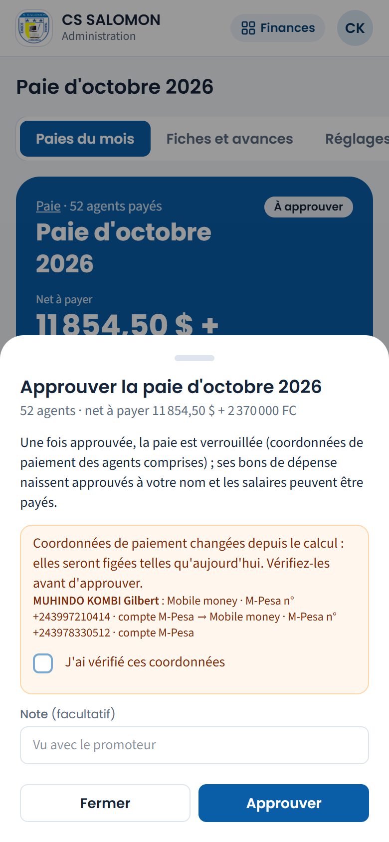Coordonnées de paiement changées avant l'approbation (téléphone)