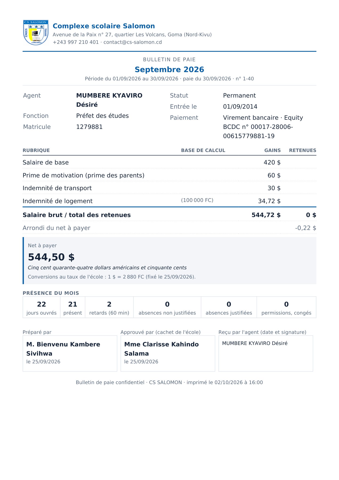 Bulletin de paie du préfet (ordinateur)