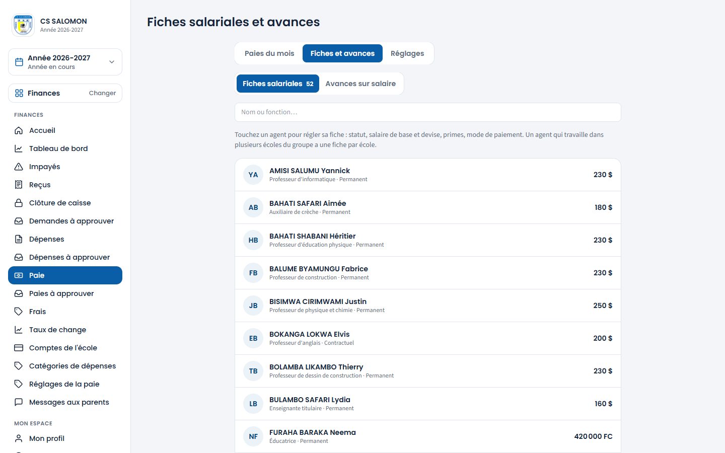 Liste des fiches salariales (ordinateur)