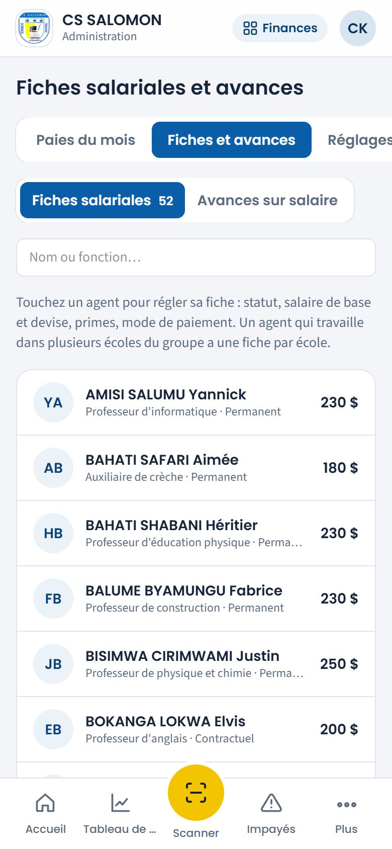 Liste des fiches salariales (téléphone)