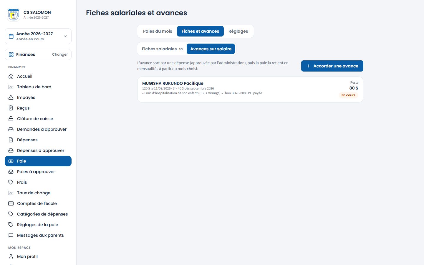 Liste des avances sur salaire (ordinateur)