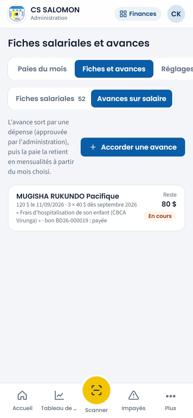 Liste des avances sur salaire (téléphone)
