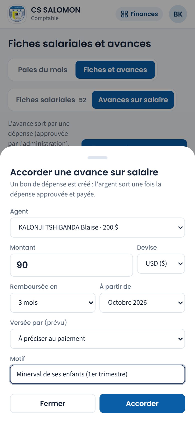 Accorder une avance sur salaire (téléphone)