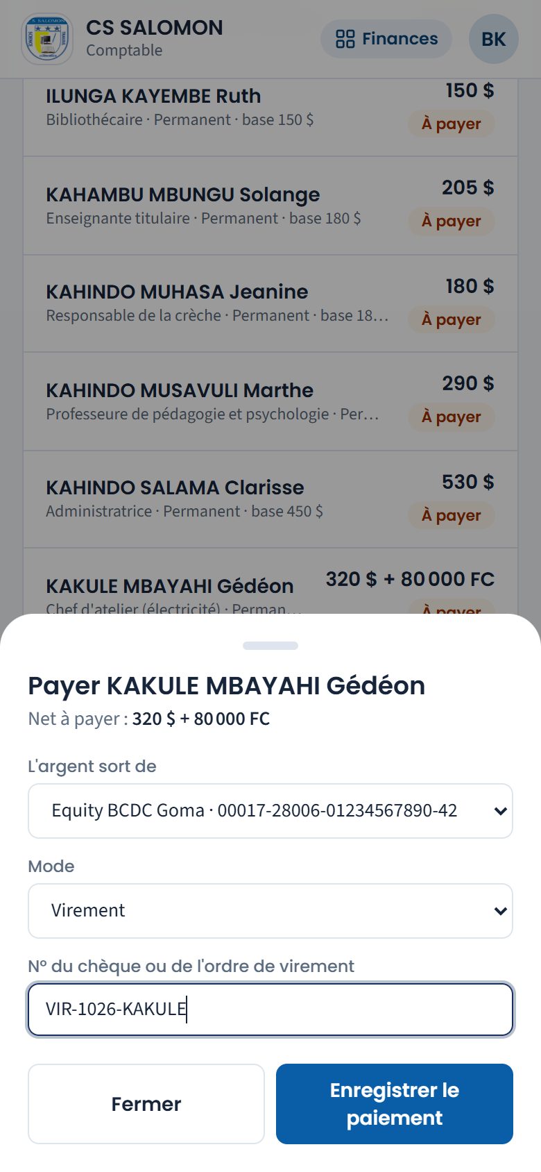 Paiement du salaire d'un agent (téléphone)