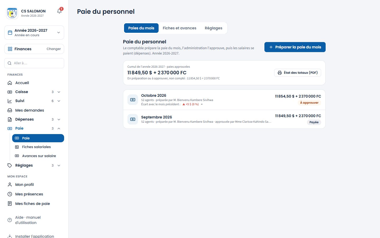 Liste des paies du mois (ordinateur)
