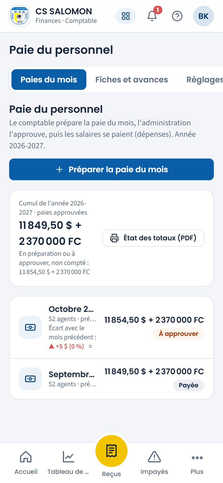 Liste des paies du mois (téléphone)