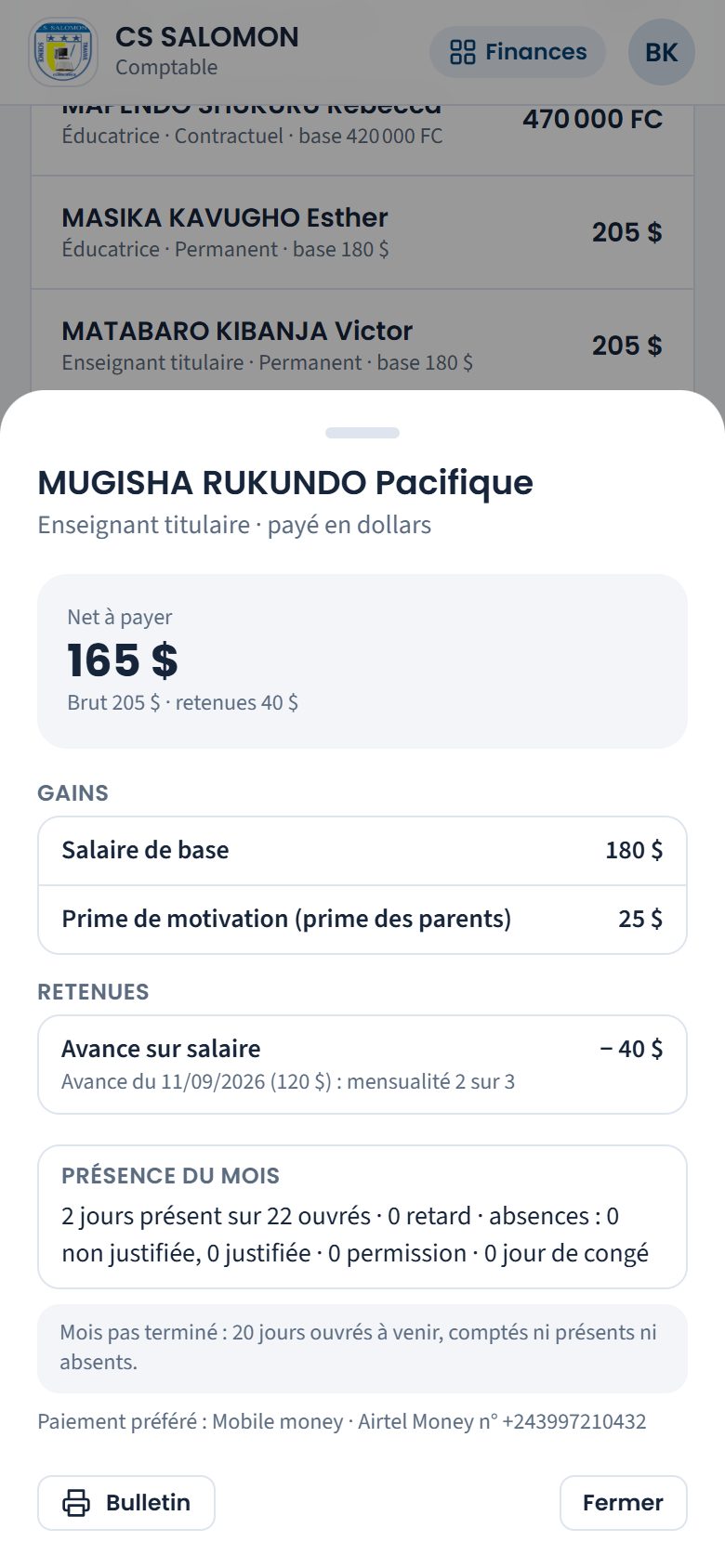 Bulletin de paie d'un agent (téléphone)