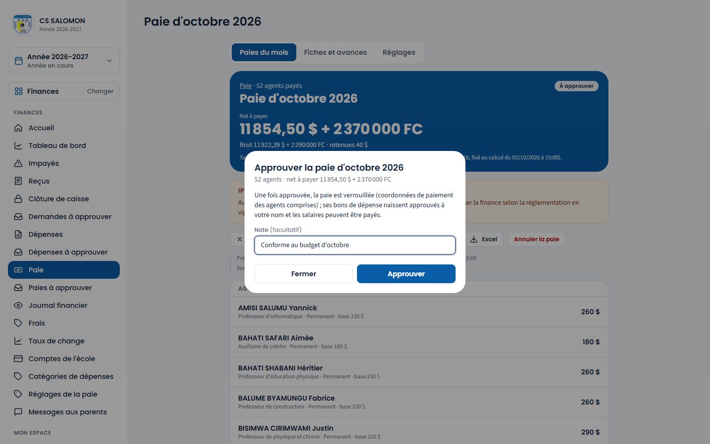 Approbation de la paie d'octobre (ordinateur)