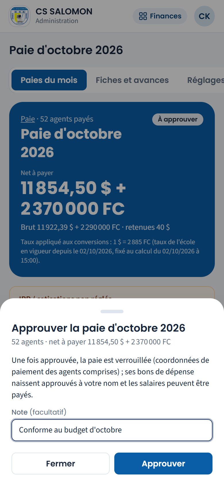 Approbation de la paie d'octobre (téléphone)