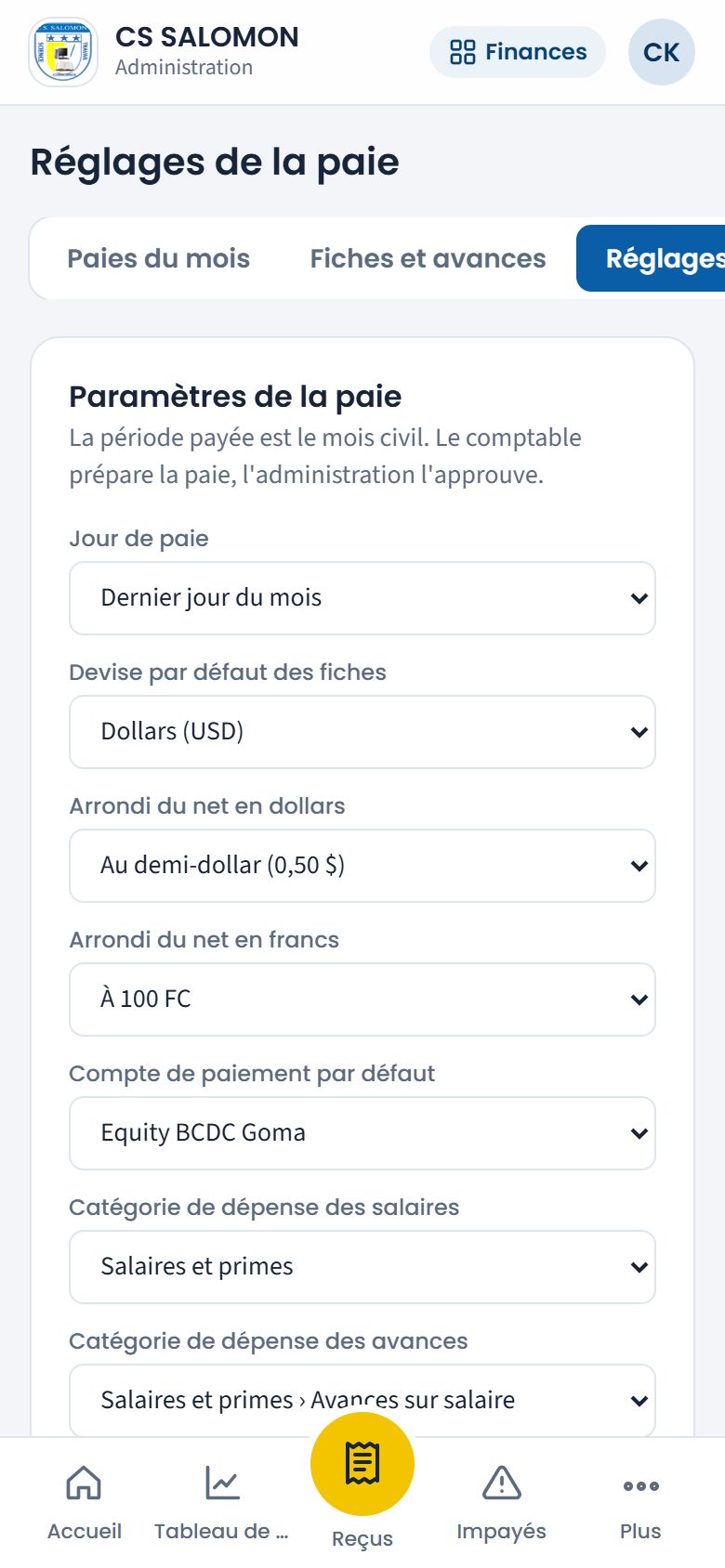 Paramètres de la paie (téléphone)