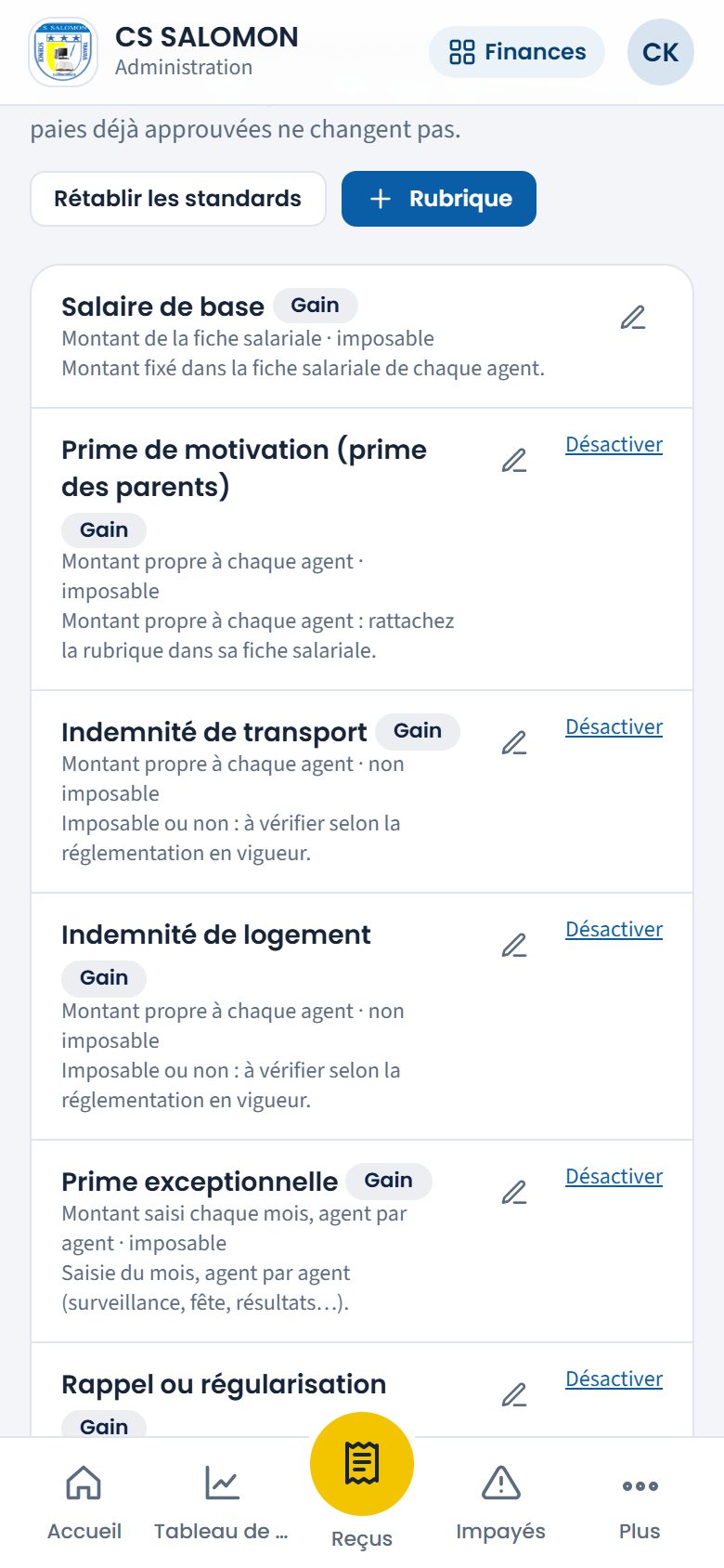 Rubriques de la fiche de paie (téléphone)