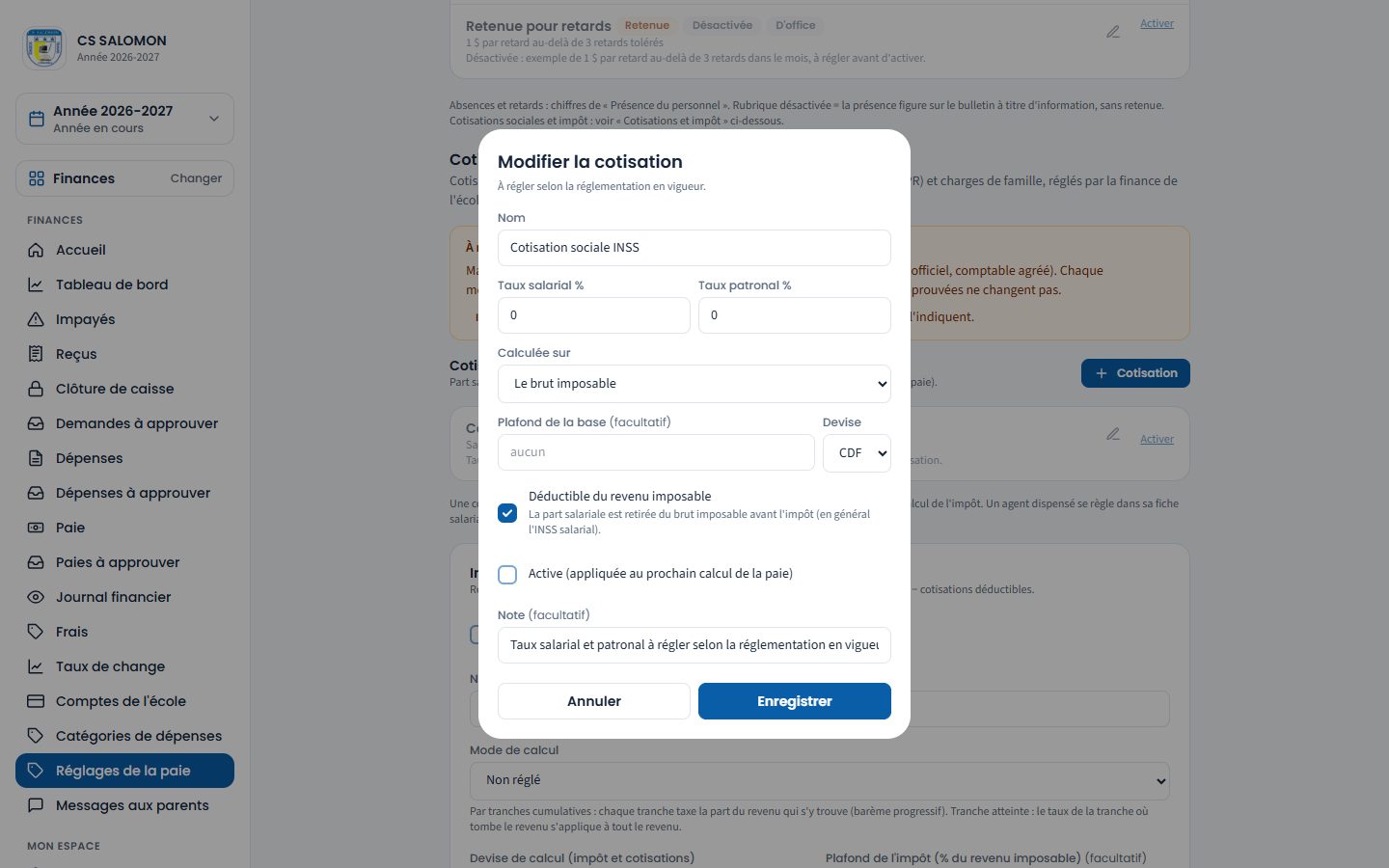 Modifier la cotisation CNSS (ordinateur)