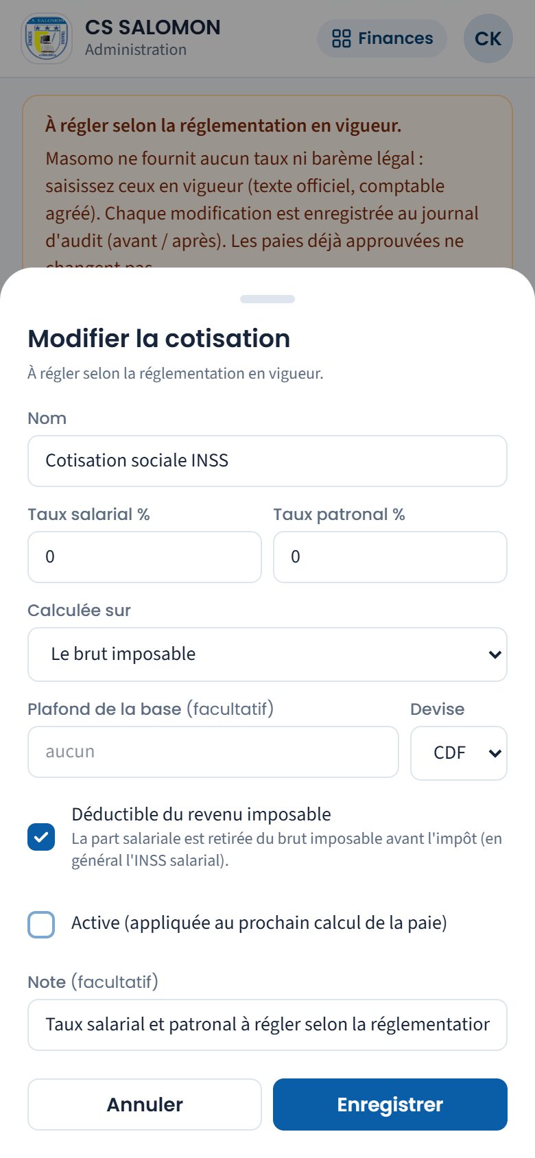 Modifier la cotisation CNSS (téléphone)