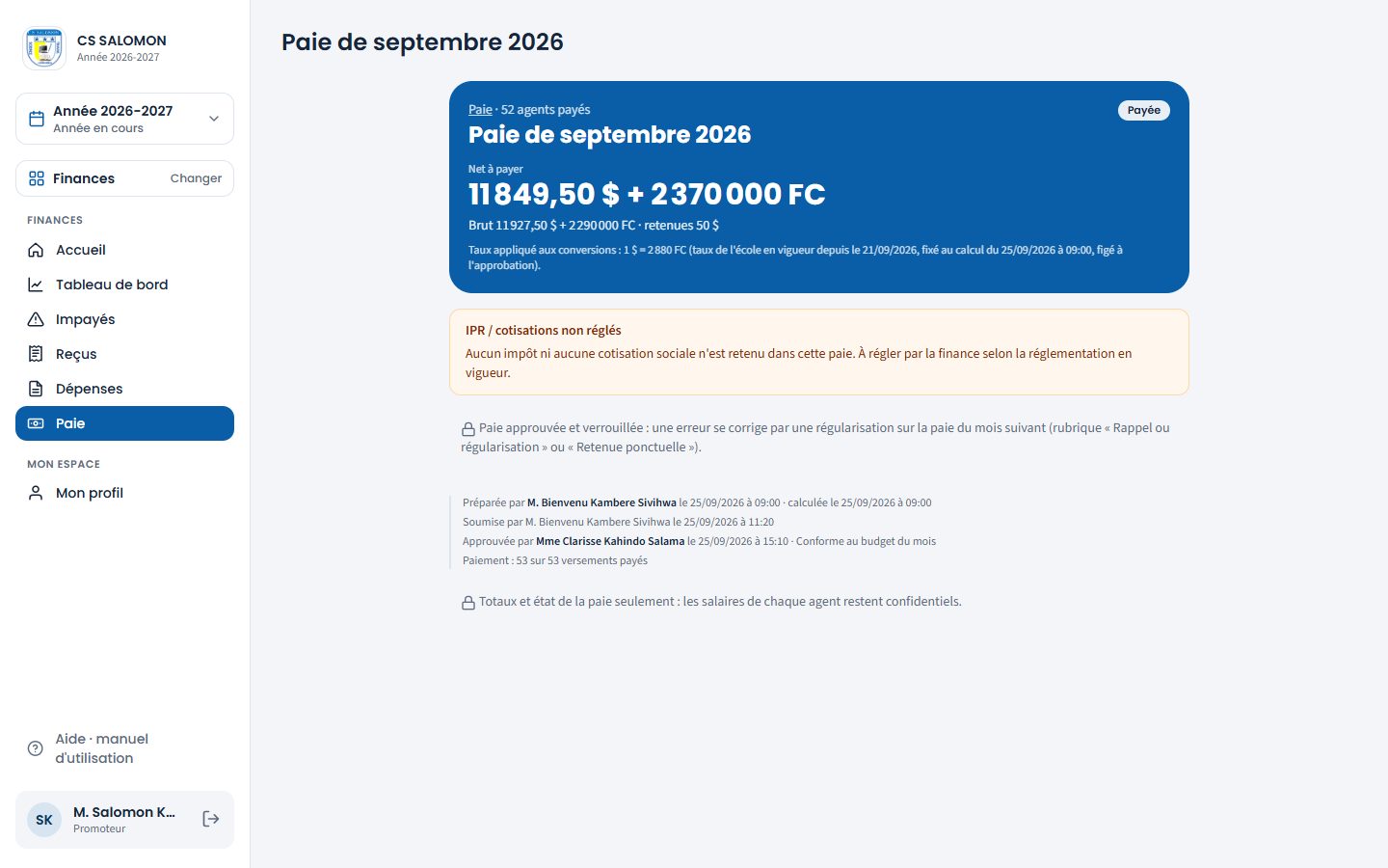 La paie de septembre vue par le promoteur (ordinateur)