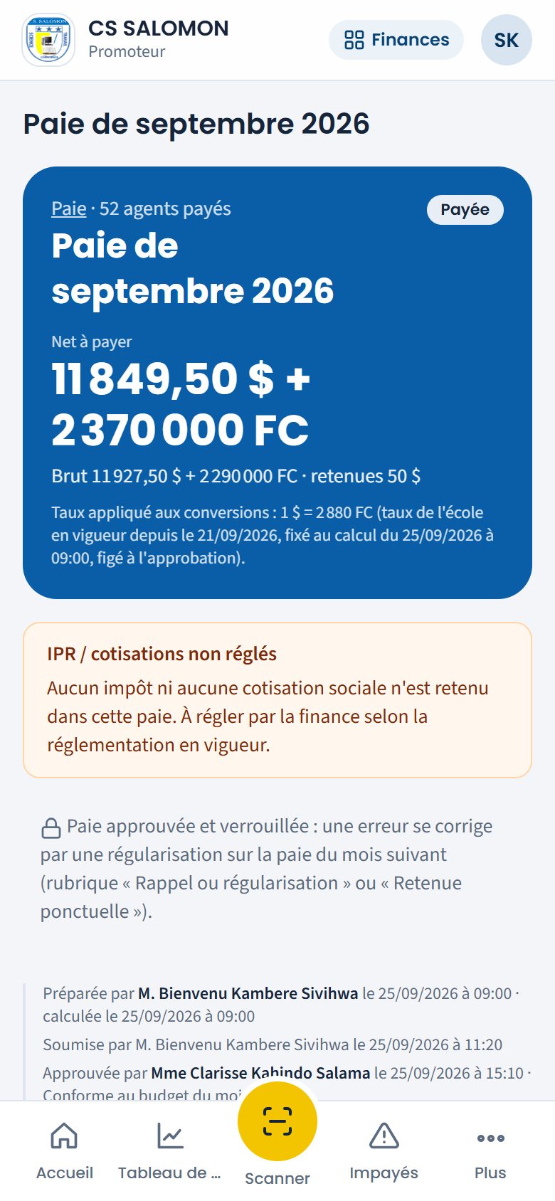 La paie de septembre vue par le promoteur (téléphone)