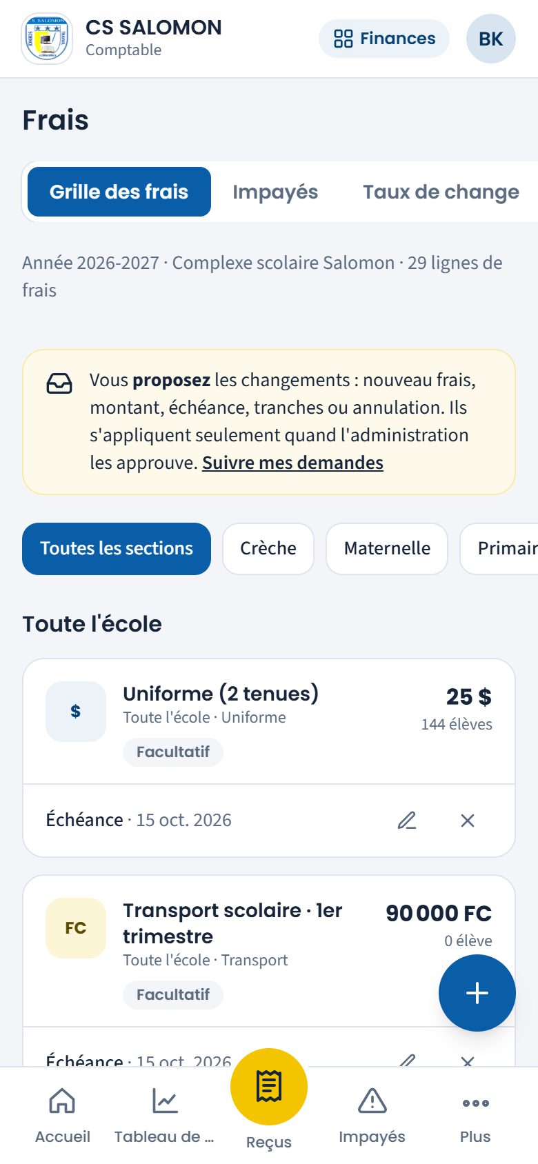 Grille des frais vue par le comptable (téléphone)